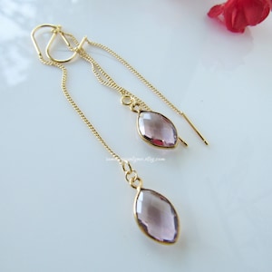 Morganite earrings dangle drop style- gold threader, faceted gemstones, marquise earrings dangle, women