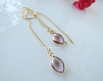 Morganite earrings dangle drop style- gold threader, faceted gemstones, marquise earrings dangle, women