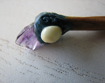 Small amethyst crystal - shawl pin, chestnut wood, seashell pin, ocean waves, nautical