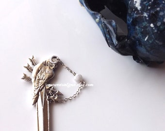 Barn owl hair stick pin - moonstone gemstone, gothic wedding, womens hair pin, shawl pin
