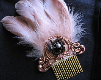 Pearl hair comb - wedding hair piece, rose flower, copper filigree, art nouveau