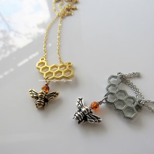Bee and honeycomb necklace - gold pendant, genuine resin, necklaces for women, silver