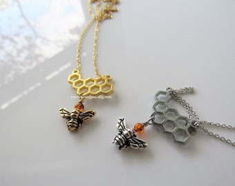 Bee and honeycomb necklace - gold pendant, genuine resin, necklaces for women, silver