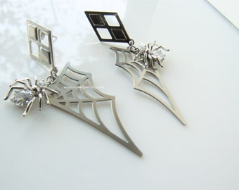 Spider web earrings stud - stainless steel, gothic earrings for women, dangle