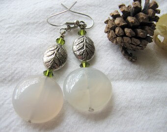 Agate earrings dangle - stone earrings handmade, pewter, fern leaf, pacific northwest