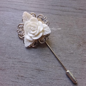 Silver and white rose lapel pin - mens boutonniere, stick pin, flower pin brooch, womens lapel pin, garden wedding