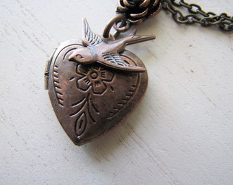 Swallow locket - heart necklace, small locket necklace, nature inspired, gifts for women
