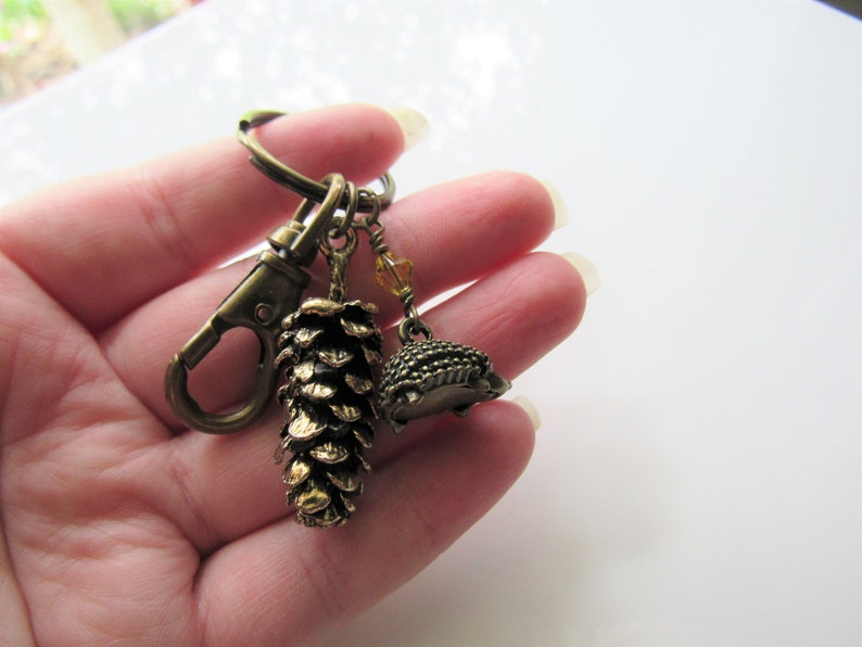 Pine cone key chain woodland hedgehog, accessories, nature keychain image 9