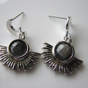 Silver crescent moon earrings - labradorite gemstone stud, sun and moon, celestial dangle