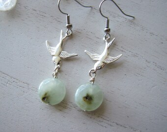 Gemstone earrings boho - swallow bird, prehnite earrings, women