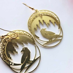 Raven earrings dangle - celestial gothic, women, statement earrings, nature, brass