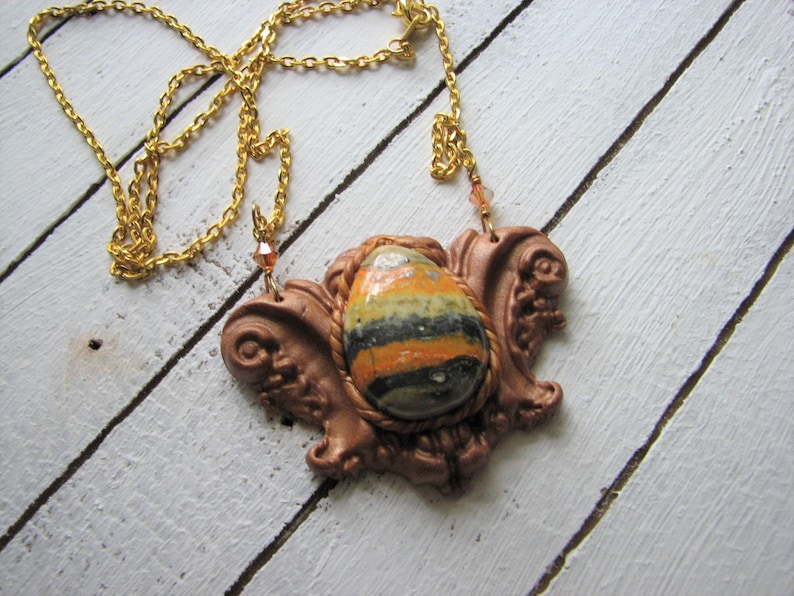 copper color Bumble bee jasper necklace yellow stone statement necklace gold clay gemstone pendant