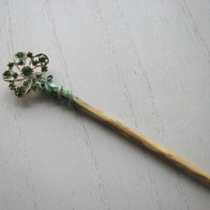 Green rhinestone shawl pin holly wood, decorative pin, spring flowers, snowflake, nature inspired image 2