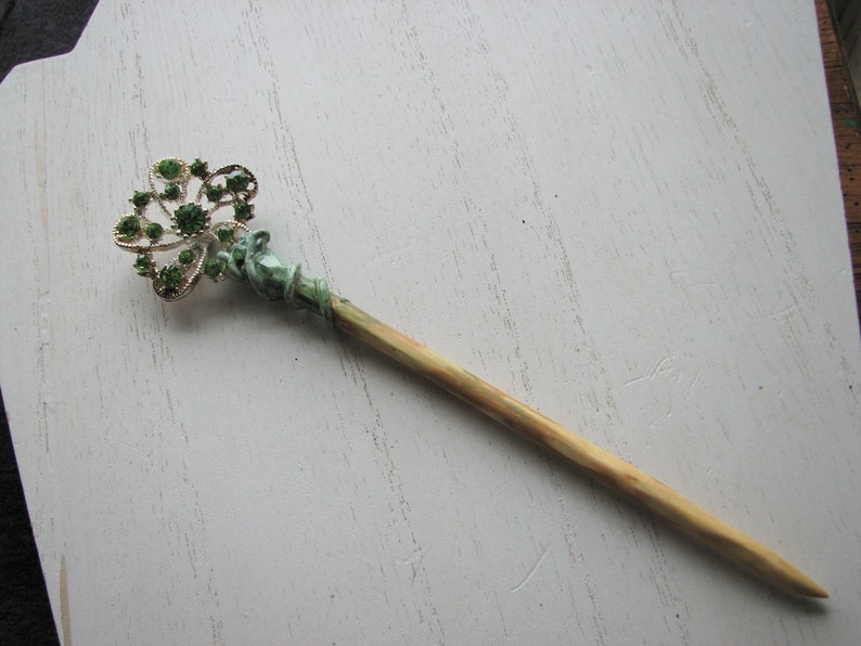 Green rhinestone shawl pin holly wood, decorative pin, spring flowers, snowflake, nature inspired image 2