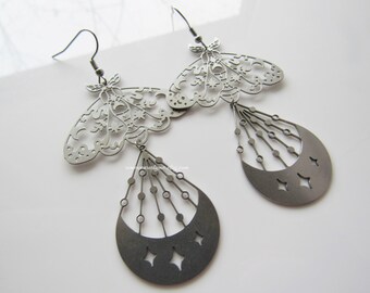 Silver moth earrings - stainless steel, crescent moon, insect, gothic, celestial dangle earrings, womens statement