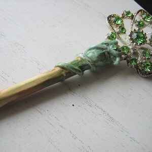 Green rhinestone shawl pin holly wood, decorative pin, spring flowers, snowflake, nature inspired image 8