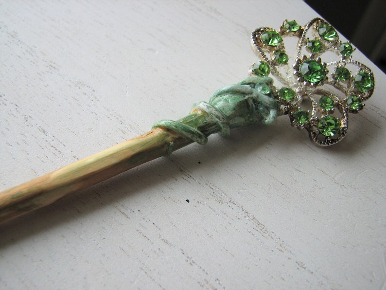 Green rhinestone shawl pin holly wood, decorative pin, spring flowers, snowflake, nature inspired image 8