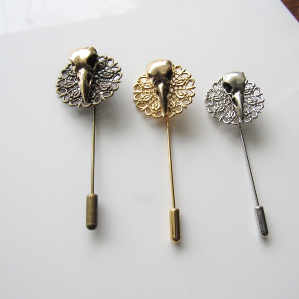 Gothic lapel pin - crow skull, raven brooch, hat pin clasp, filigree stick pin