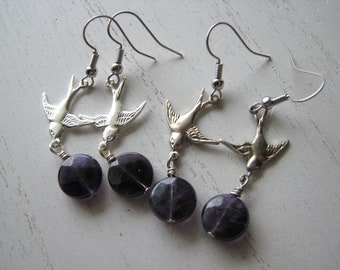 Silver amethyst earrings -  gemstone dangle, nature inspired, bird earrings, brass