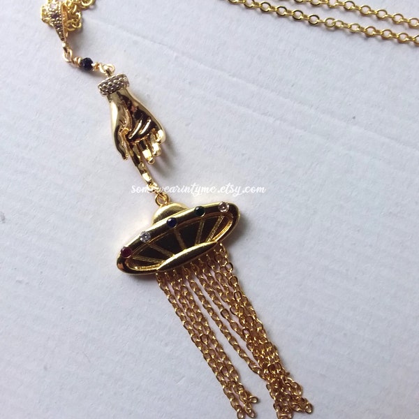 Gold ufo spaceship necklace pendant, handmade jewelry for women, alien spaceship, i want to leave