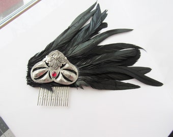 Decorative hair comb feather - silver fascinator, art nouveau, wedding, statement hair