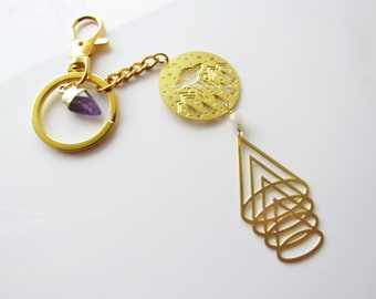 UFO key chain - amethyst, large key ring, brass gold key holder, gift ideas for men and women