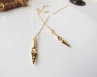 Gold dagger dangle earrings - smoky quartz gemstone, threader earrings, women, gothic
