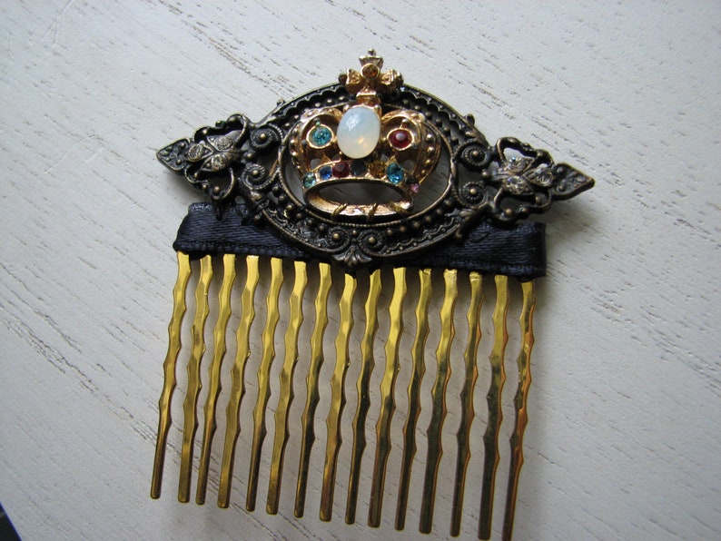 Gold crown hair comb rhinestone hair piece, fake opal, decorative hair piece, baroque frame image 8