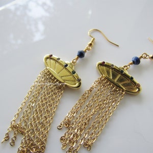 Goldene UFO-Ohrringe baumelnde, handgefertigte Ohrringe für Frauen, Quastenfransen, Edelstein Bild 4
