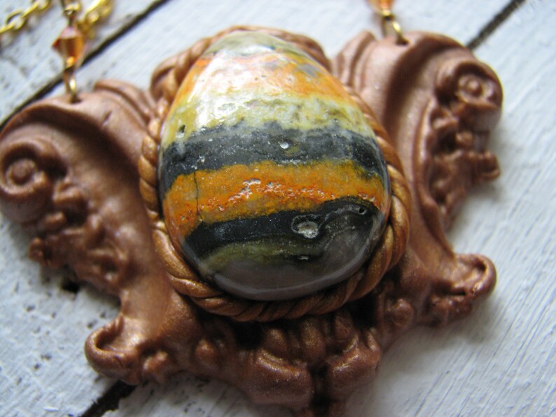 copper color Bumble bee jasper necklace yellow stone statement necklace gold clay gemstone pendant