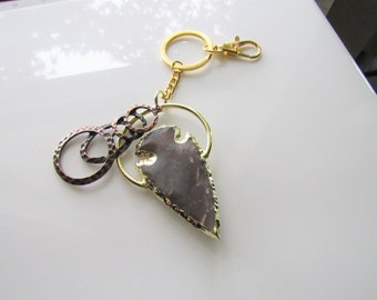 Jasper stone arrowhead keychain - gold key ring, large key fob, rustic
