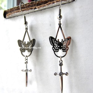 Silver moth earrings, small dangle, sword earrings latchback, cottagecore style, dangle earrings for women, whimsigoth, insect jewelry