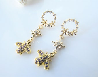 Gold bee stud earrings - dangle earrings for women, floral, lilac rhinestones