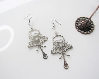 Moth dangle earrings - moon phase, celestial earrings, gothic, stainless steel, earrings for women