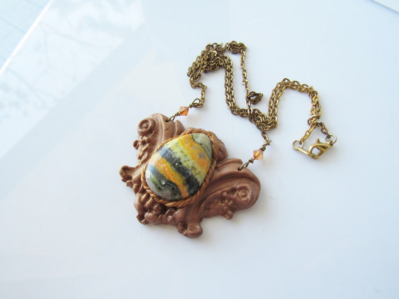 copper color Bumble bee jasper necklace yellow stone statement necklace gold clay gemstone pendant