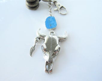 Silver longhorn skull keychain - turquoise gemstone, rustic western, key ring