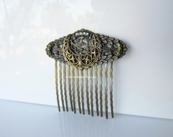 Botanical moon hair comb - decorative, celestial hair piece, rhinestone, women, art nouveau