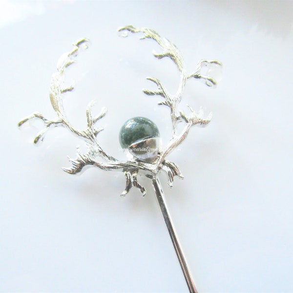 Antler hair stick, cottagecore hair accessories, gemstone hair pin, agate, silver hair stick, women