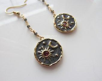 Sun and moon earrings- gold celestial charm, dangle earrings for women, galaxy, black moonstone