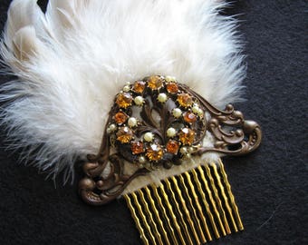 Autumn hair comb - wedding hair piece pearl, brass, something old something new, orange, brown