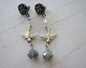 Swallow earrings stud - bird dangle, labradorite gemstone, silver brass