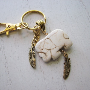 Elephant key chain - gold feather charm, animal keyring, gift ideas for friends