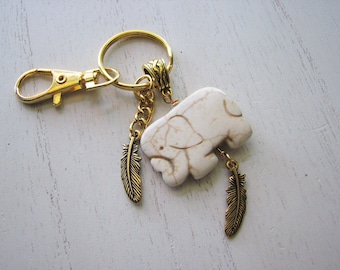 Elephant key chain - gold feather charm, animal keyring, gift ideas for friends