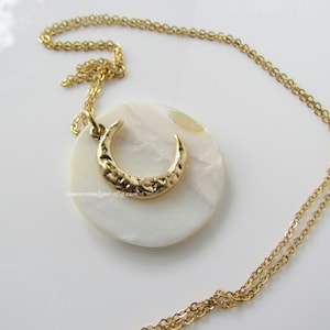 Mother of pearl necklace gold - pendants for women, celestial necklace, crescent moon hammered
