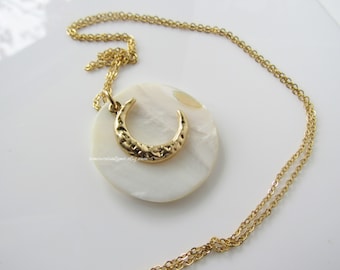 Mother of pearl necklace gold - pendants for women, celestial necklace, crescent moon hammered