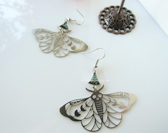 Deaths head hawkmoth earrings handmade - stainless steel dangle, statement earrings for women, gothic, abalone