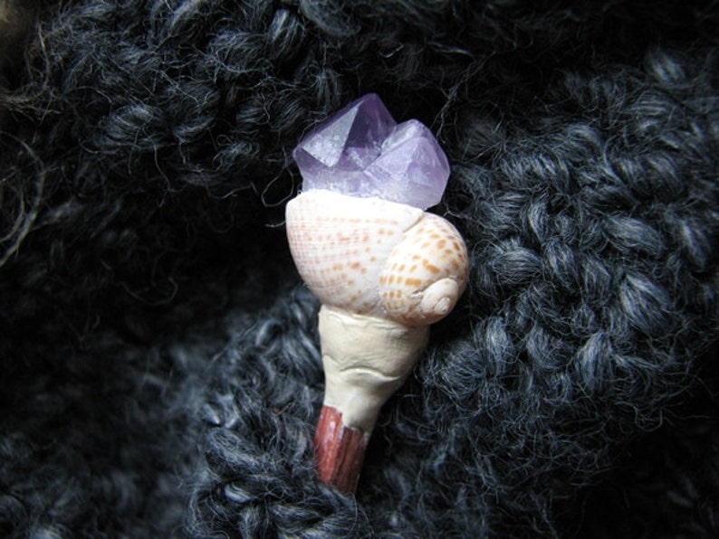 raw amethyst Crystal cluster snail shell handmade shawl pin wood seashell