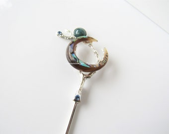 Crescent moon hair stick - abalone shell hair pin, hair stick silver, hair pins for women, indian agate