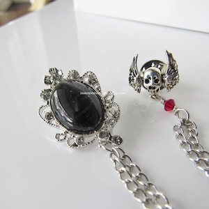 Silver skull and wings collar pin - gothic brooch women, pirates, collar pin chain, men