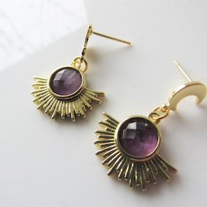 Gold crescent moon earrings - amethyst stud, women, sun and moon, celestial dangle